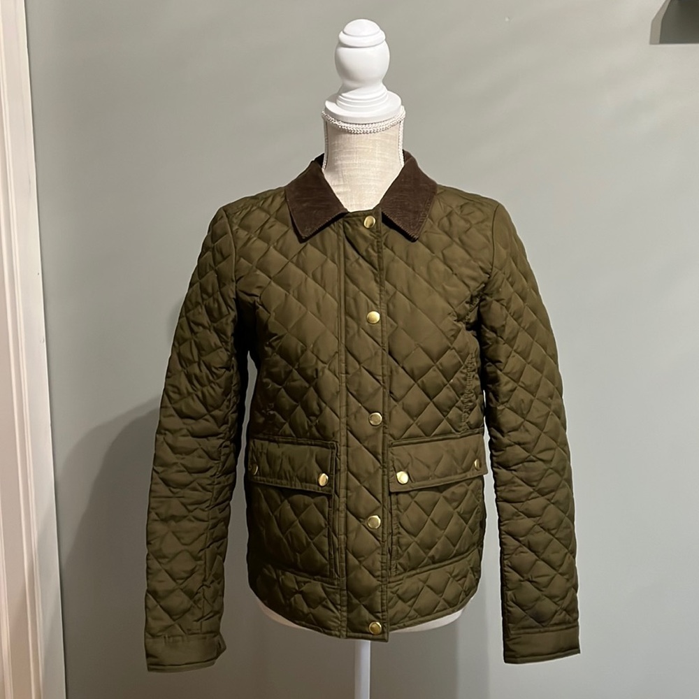 J. Crew, army green, down puffer jacket, lightly worn, brass colored snaps